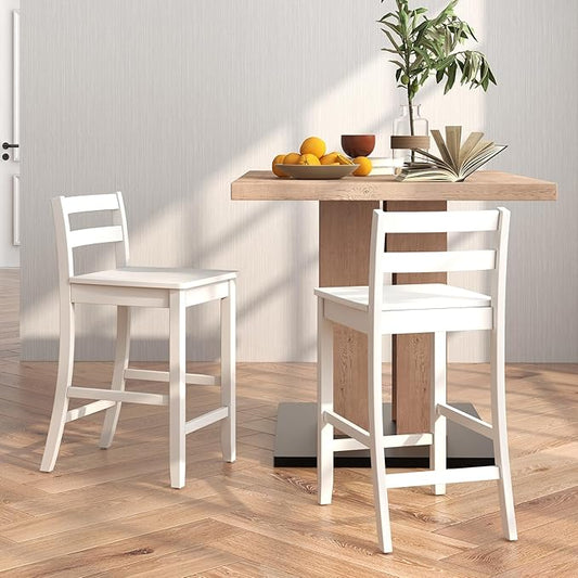 COSTWAY Wooden Bar Stools Set of 4, 24-Inch Counter Height Stools with Ergonomic Backrest & Footrest, Farmhouse High Dining Chairs for Kitchen Island, Pub, Cafe (4, White)