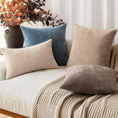 Foindtower Pack of 2 Soft Textured Chenille Throw Decorative Pillow Covers Square Accent Solid Cushion Cover Cozy Neutral Farmhouse Pillow Case for Couch Sofa Bedroom Living Room 24x24 Inch,Blue