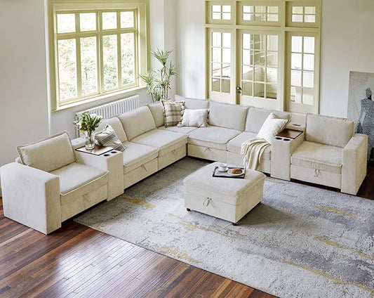 EcoHarbor Living Modular Sectional Sofa, Oversized L/U Shaped Couch with Console, USB Charger, Cup Holder, Storage, Ottoman, Convertible Couches for Living Room Bedroom Apartment, Beige