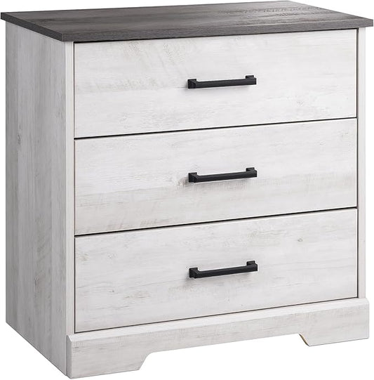 Prepac Rustic Ridge Farmhouse 3-Drawer Nightstand, Chest of Drawers for Bedroom, Wooden Bedroom Dresser with 3 Storage Drawers, 16.25in x 27.5in x 26.75in, Washed White