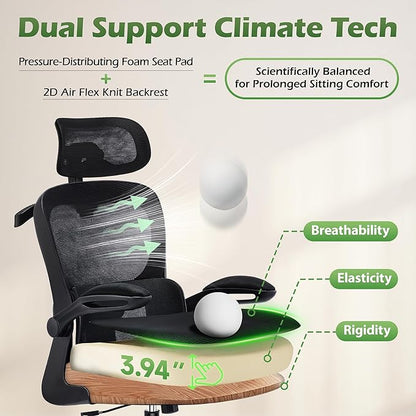 Office Chair Ergonomic Desk Chairs with Adjustable Lumbar Support& Headrest Hanger, High Back Breathable Mesh Chair with Wheels, Rolling Swivel Comfy Task Computer Chair for Home Work Gaming