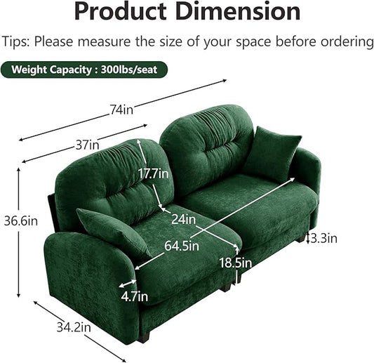 74" Loveseat for Living Room, Comfy Chenille Fabric Cloud Sectional Couch, Modern Upholstered Deep Seat Sofa with Armrest Pillow, Two Seater Couch for Small Spaces, Green
