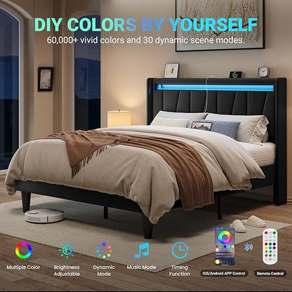 Allewie Queen Size LED Bed Frame with Charging Station, Velvet Upholstered Platform Bed with Geometric Wingback Headboard, Modern Frame with No Box Spring Needed, Easy Assembly, Black
