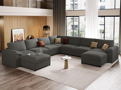 EASE MOOSE Oversized U Shaped Couch,Modular Sectional Convertible Sofa with Wide Deep,Extra Large Faux Leather Scratch Resistant Modern Couch for Big Spaces,Grey