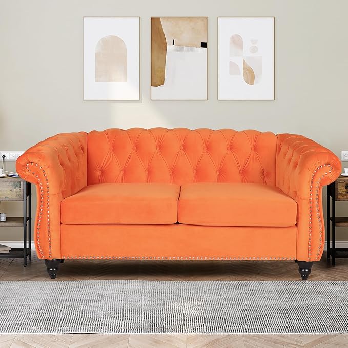 Chesterfield Loveseat Sofa, Modern Velvet Small Sofa Couch 2 Seater with Rolled Arms and Nailhead, Mid Century Modern Loveseat Couch for Small Spaces Living Room Bedroom Apartment, Orange