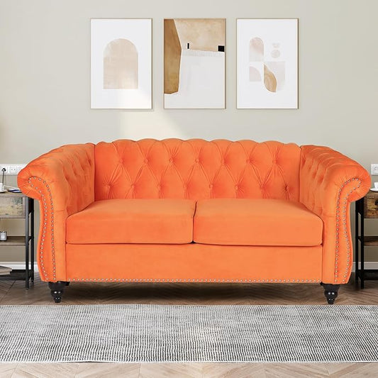 Velvet Loveseat Sofa, Mid Century Modern Upholstered Couch, 62" Oversized Comfy 2 Seater Love Seat Couch with Cushions, Tufted Chesterfield Sofa for Living Room, Bedroom, Apartment (Orange)