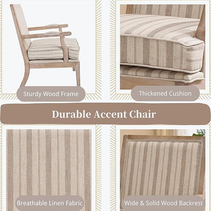 chairus Farmhouse Linen Accent Chair for Living Room, Upholstered Reading Chair with Solid Wood Frame Lounge Arm Chair with High Back for Bedroom, Reception Room, Waiting Room, Khaki Stripe