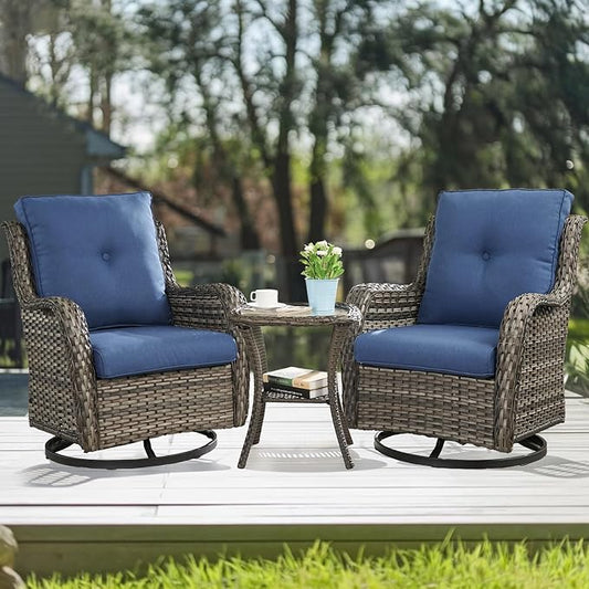 HUMMUH 3-Piece Swivel Rocking Rattan Chair Outdoor, Patio Bistro Furniture Conversation Set,Cushioned Wicker Chair with Glass Coffee Table(Grey, Blue)