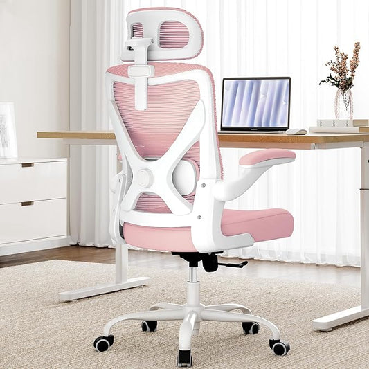 Pink Ergonomic Office Chair: Mesh Desk Chair Comfy with Adjustable Lumbar Support 330lbs High Back Computer Gaming Chair - Big and Tall Office Chairs with Headrest - Adults Home Office