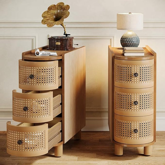 Tribesigns 3-Drawer Rattan End Table, Sofa Side Table with Vintage Embossed Handles for Living Room, Bedroom (2, Oak)