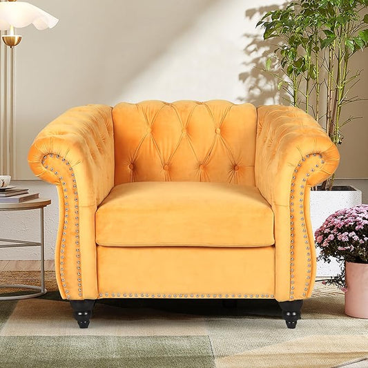 Accent Sofa Chair for Living Room, Mid Century Modern Velvet Upholstered Armchair, Oversized Comfy Single Couch Chair with Cushion, Tufted Chesterfield Sofa Couch for Home, Bedroom, Apartment (Yellow)