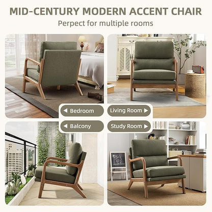 Mid Century Modern Accent Chair, Linen Fabric Upholstered Lounge Arm Chair with Solid Wood Frame and Soft Cushion for Living Room, Bedroom, Balcony (1, Green)