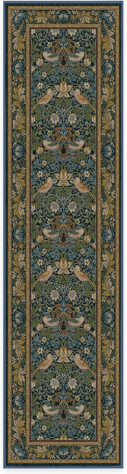 RUGGABLE x Morris & Co Machine Washable Runner Rug – Strawberry Thief Indigo 2.5x10, Stain-Resistant, Non-Slip – Washable Rug for Hallway, Entryway, Living Room & Kitchen–with Standard Pad