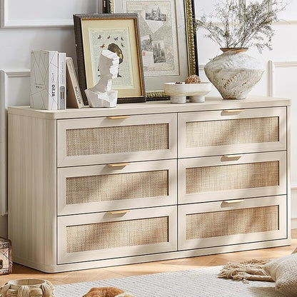 LEYAOYAO Rattan 6 Drawer Dresser for Bedroom Set of 2, Boho 54" Wide White Dresser Chest of Drawers, Dressers TV Stand with Metal Handle, Storage Dressers Closet Organizer for Living Room, Hallway