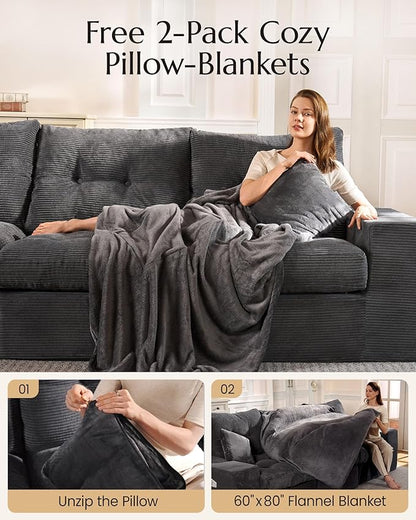 High Back Boneless Couch, Oversized Cloud Couch with Versatile 2-Pack Pillow Blankets, Corduroy Modular Sectional Sofa with Ottoman, No Assemble Sectional Couches for Living Room, Dark Grey
