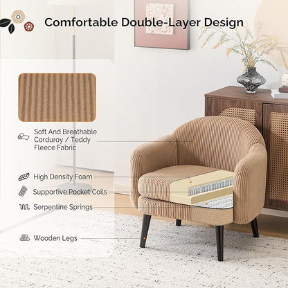 VINGLI 30.3" Wide Modern Barrel Accent Armchair with Track Armrest, Solid Wooden Legs, Comfy Upholstered Club Chair, Round Single Home Sofa for Living Room, Bedroom, Reading Room, Corduroy Khaki