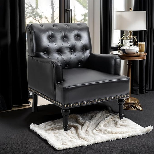 MOJAY Faux Leather Accent Chair, Mid-Century Armchair Living Room Sofa Chair with Rubber Wood Leg, Club Chair with Rivet Trim for Bedroom Reading Room Reception (Black)
