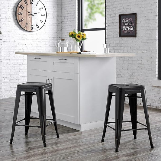 AC Pacific 24” Metal Backless Barstool Set of 2 – Country Rustic Style, Lightweight & Sturdy Build, Easy Assembly – Distressed Black Finish