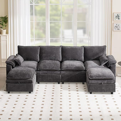 130" U Shaped Modular Sectional Sofa, Couch with Ottoman Storage, Chenille Cloud Couch with Plush Deep Seating for Living Room, Bedroom (8 Seat, Grey)