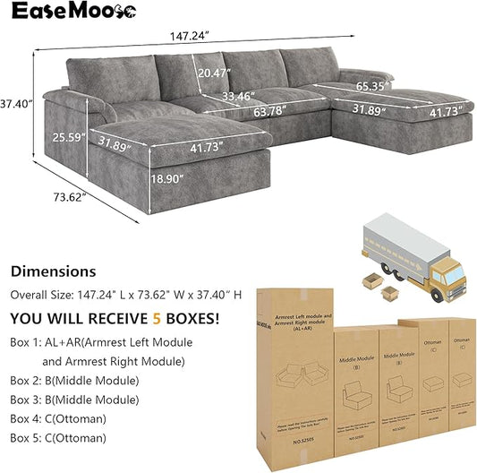 EASE MOOSE Boneless Modular Cloud Couch, U-Shaped Oversized Sectional Sofa for Living Room with Ottoman, Extra Large Movable Couches, 6-Deep-Seat Sofas for Bedroom, Apartment, Chenille (Grey)