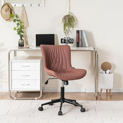 YOUNIKE Office Chair, Armless Desk Chair with Wheels, Adjustable Swivel Home Office Computer Task Chairs, Modern Faux Leather Upholstered Vanity Chair with Back, Dusty Rose