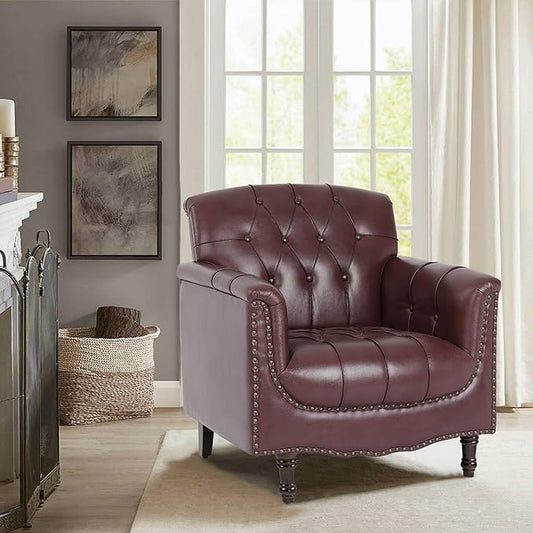 Pia Ricco Modern Tufted Accent Chair, Single Faux Leather Armchair with Nailhead Trim & Wood Legs, Comfortable Upholstered Seat for Living Room, Office - Wine Red