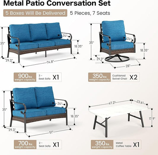 5 PCS Metal Outdoor Patio Furniture Set, Patio Conversation Set with 1 3-Seater Sofa, 2 Swivel Sofa, Coffee Table - Black & Blue
