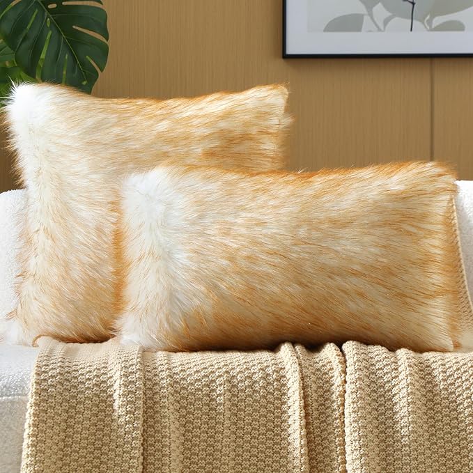 FUTEI Brown White Decorative Throw Pillow Covers 18x18 Inch Set of 2,Soft Fluffy Faux Fox Fur Textured Cushion Case,Modern Home Decor for Couch Living Room