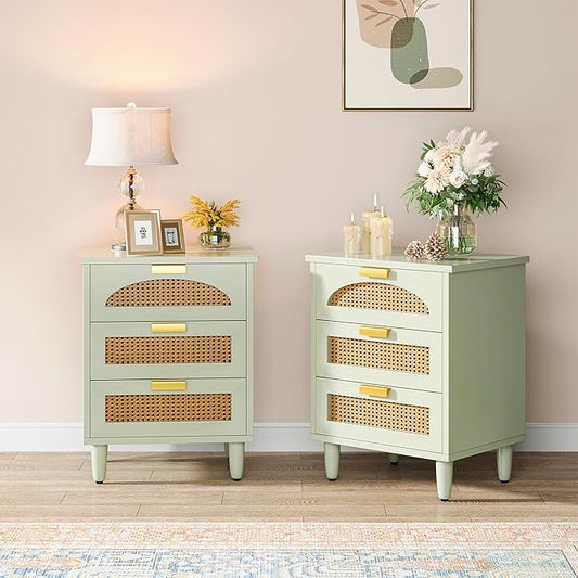 Tribesigns Mint Green Nightstand, 3-Drawer Rattan Night Stand Side Table, Accent Bedside Tables End Table for Bedroom and Small Spaces, Easy Assembly (2, Green)