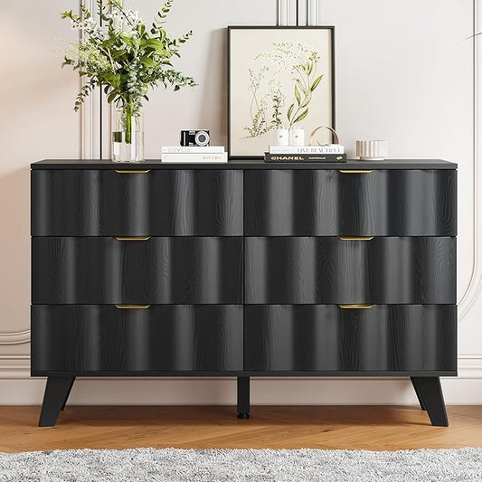 6 Drawer Dresser, Modern Fluted Storage Dresser with Deep Drawers and Metal Handles, Wood Chest of Drawers Storage Organizer for Bedroom, Living Room, Hallway (Black)