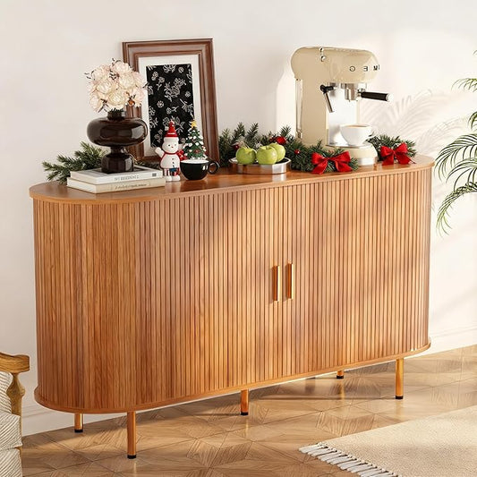 DHH Storage Cabinet, Fluted Sideboard Buffet Cabinet with Tambour Sliding Doors& Adjustable Shelf, Accent Coffee Bar Console Table for Kitchen, Living Room, Entryway (Yellow Walnut 55 Inch)