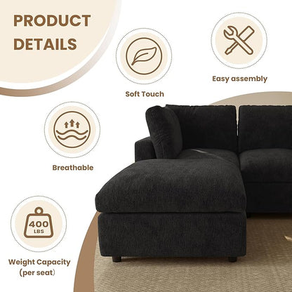 WJShome Modern Sectional Sofa 134 Inch 4-Seater Cloud Couch with Chenille Deep Seat Couches for Living Room, Bedroom and Apartment，Black