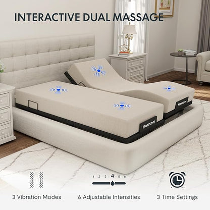 FLEXISPOT Adjustable Bed Frame Base Split King + 10" Cooling Gel Memory Foam Mattress, Massage, Head and Foot Incline, Zero Gravity, Zero Clearance, Under-Bed Lights, Anti-Snore, Wireless Remote
