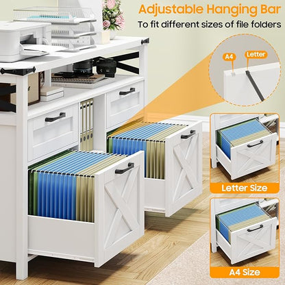 Filing Organization Storage Cabinets 4 Drawer with Adjustable Shelf, Lateral Filing Cabinet with Open Storage Shelf for Home Office, Farmhouse File Cabinets for Hanging Files Letter/A4.(White)