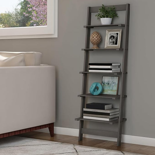5-Tier Ladder Shelf - 50-Inch Narrow Leaning Bookshelf - Wooden Bookcase for Living Room, Bathroom, Kitchen, Office, or Bedroom Furniture by Lavish Home (Gray)