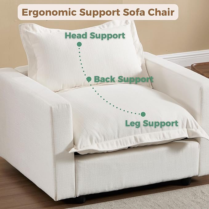 chairus 126" Modular Sectional Sofa with 2 Moveable Ottoman Upholstered Deep Seat Linen Couch Set with Soft Pillows U Shaped Sofa Couch for Living Room, Apartment, Reception Room, 4-Seater/White