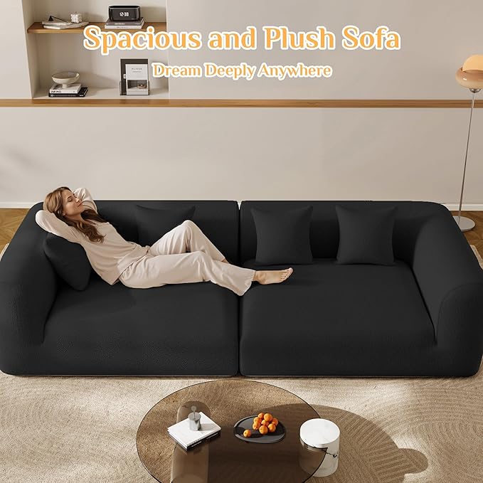 120'' Oversized Sectional Couches for Living Room Boneless Modular Sectional Sofa Plush Chenille Cloud Modular Couch Modern Sectionals with Deep Seat, No Assembly Required, 4 Seater, Black