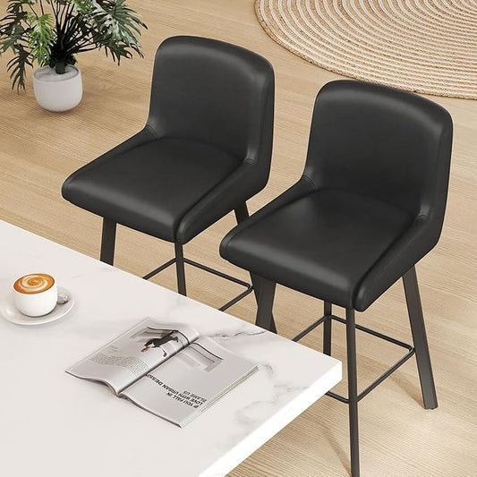 Swivel Bar Stools, 26''H Upholstered Barstools with Backs, Modern Counter Height Bar Stool Chairs for Kitchen Island, Metal Legs (Black- Faux Leather, Set of 6-26" H)