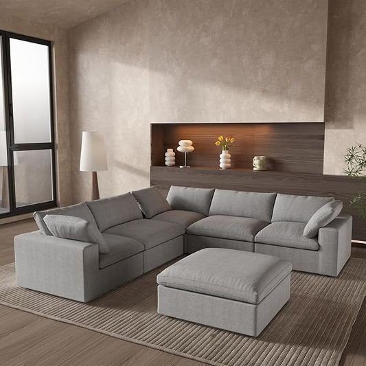 Cloud Couch Modular Sectional Sofa with Storage Ottomans,160.6" Down Filled 6 Seater Convertible Sectional Sofas,V Shaped Gray Couch for Living Room,Covers Washable&Replaceable