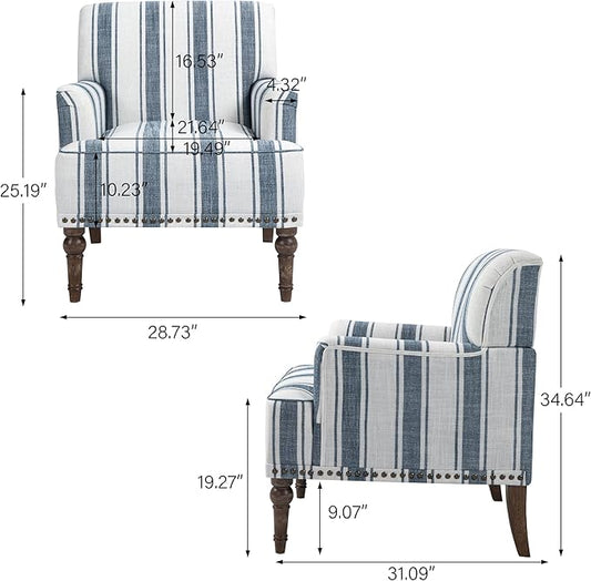 UIXE Stripe Accent Chair Arm Chair, Modern Nailhead Trim Club Armchair with Wood Legs, Comfy Living Room Single Sofa Reading Seat Bedroom Side Seating for Home Office, Dark Blue