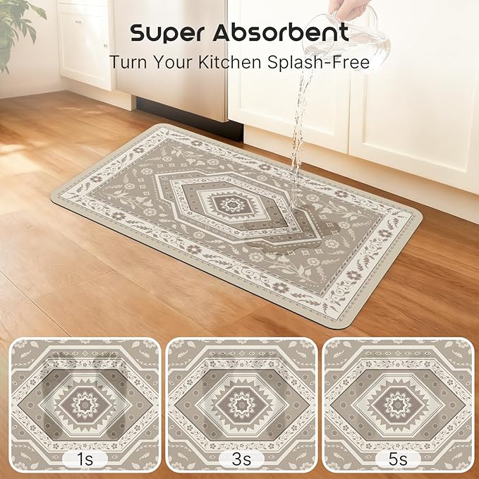 ArtyCozy 2 Piece Boho Kitchen Rug Set, Non-Slip Super Absorbent Kitchen Mats for Floor with Rubber Backing, Stain Resistant Runner for Hallway Laundry Holiday Decor, Khaki, 20" × 32'' Plus 20'' × 47''