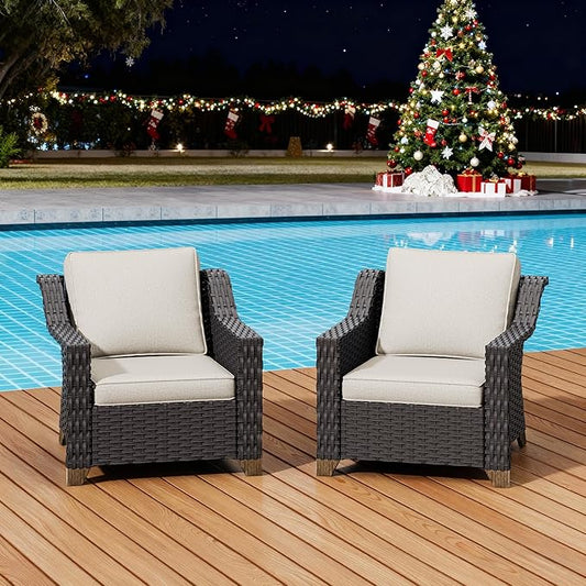 Patio 2 Pieces Wicker Chairs Set of 2，Outdoor PE Rattan Armchairs, Water-Resistant Cushions with Removable and Washable Covers, Porch, Balcony, Sunroom (Beige)