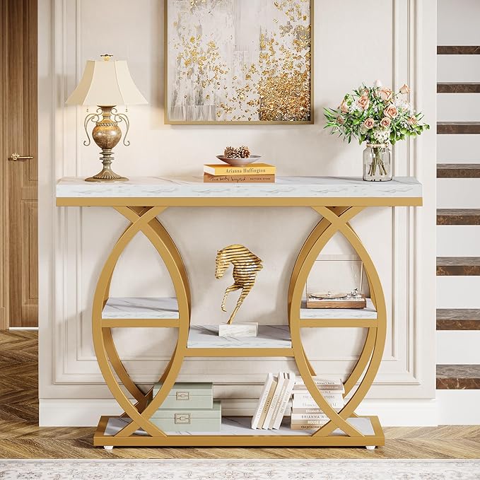 Tribesigns 39.4" Console Table, Industrial 4-Tier Sofa Table Entryway Table with Storage Shelves, Narrow Wood Accent Tables with Metal Frame for Small Spaces, Hallway, Foyer, White Gold