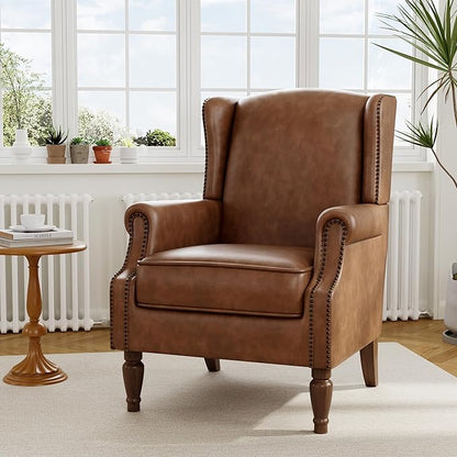 Accent Chair Set of 2, Upholstered Leather High Back Armchair with Nailhead Trim & Wood Legs, Comfy Wingback Reading Single Sofa Chair for Small Spaces, Living Room, Bedroom-Leather Brown, 2 SEAT