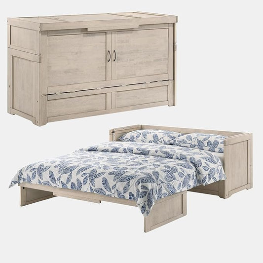 NIGHT & DAY Furniture Murphy Cube Cabinet Bed Pre-Assembled (Antique White, Queen)