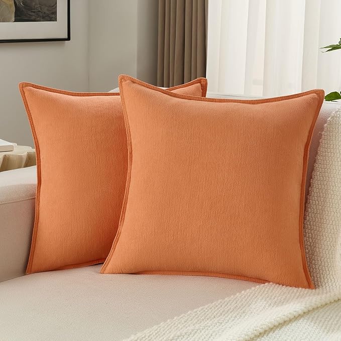 FUTEI Orange Chenille Throw Pillow Covers 22x22 Inch Set of 2,Edges Double-Stitched Cushion Cases,Modern Home Decor for Couch Living Room