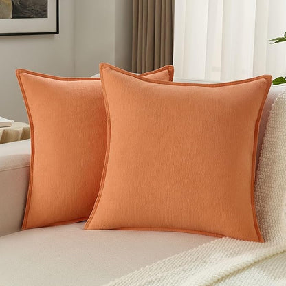 FUTEI Orange Chenille Throw Pillow Covers 24x24 Inch Set of 2,Edges Double-Stitched European Cushion Cases,Modern Home Decor for Couch Living Room