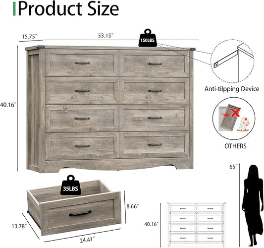 Dresser for Bedroom with 8 Drawers, 54" Wide Wood Chest of Drawers with Deep Drawers & Mental Handle, Modern Dresser TV Stand, Wooden Closet Storage Organizer for Living Room, Hallway, Entryway, Grey