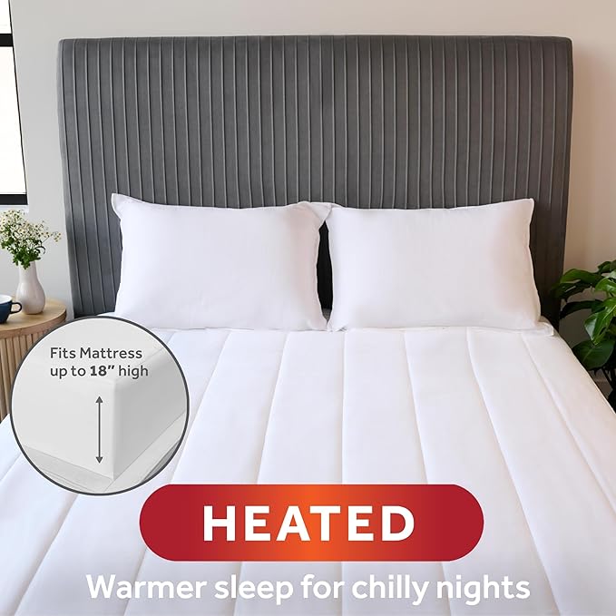 Sunbeam Electric Heated Mattress Pad Restful Quilted Extra-Cozy Fabric 12 Heat Settings 12-Hour Auto Shut-Off Deep Pocket Fit Machine Washable King 80" x 76"