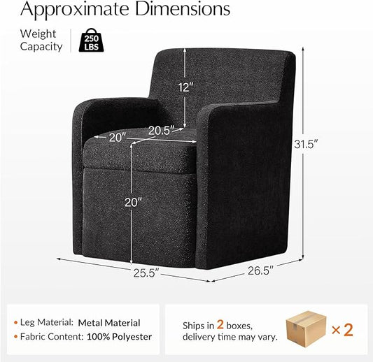 HULALA HOME Upholstered Dining Chair Set of 2 with Smooth-roling Castors, Modern Fabric Side Dining Room Chairs with Built-in Storage, Multi-Purpos Kitchen Chairs for Living Room, Black